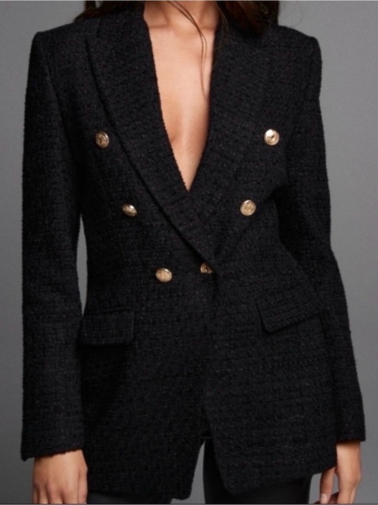 Zara Jackets & Blazers - ZARA Black Tweed Double Breasted Gold Button Blazer Jacket L NWT